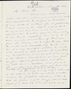 Samuel Gilman, Charleston, SC., autograph letter signed to R. W. Griswold, 28 November 1851