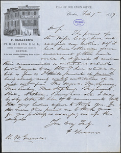 Frederick Gleason, Boston, MA., autograph letter signed to R. W. Griswold, 7 February 1849
