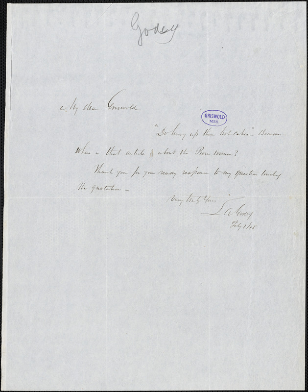 Louis Antoine Godey autograph letter signed to R. W. Griswold, 1 February 1848