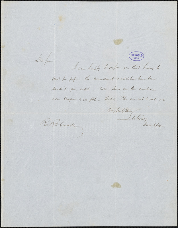 Louis Antoine Godey autograph letter signed to R. W. Griswold, 3 June 1848