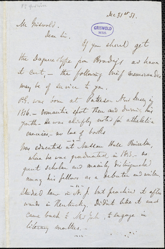 Parke Godwin autograph letter signed to R. W. Griswold, 31 December 1851