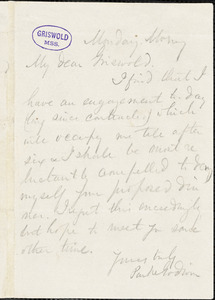 Parke Godwin, Monday morning., autograph letter signed to R. W. Griswold
