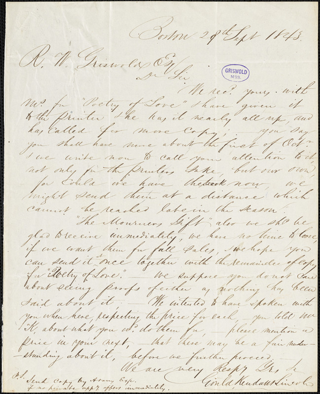 Kendall Gould and Lincoln, Boston, MA., autograph letter signed to R. W. Griswold, 29 September 1843