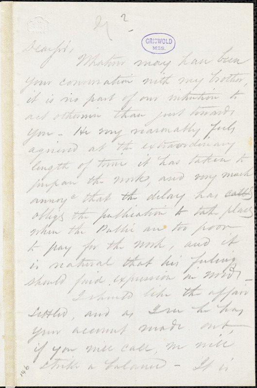 [John A. Gray?], New York, autograph letter signed to R. W. Griswold, 2 November 1854