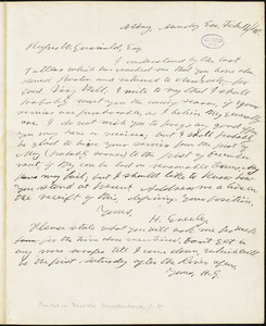 Horace Greeley, Albany, NY., autograph letter signed to R. W. Griswold, 17 February 1840