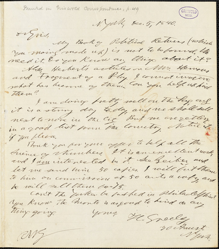 Horace Greeley, New York, autograph letter signed to R. W. Griswold, 5 December 1840