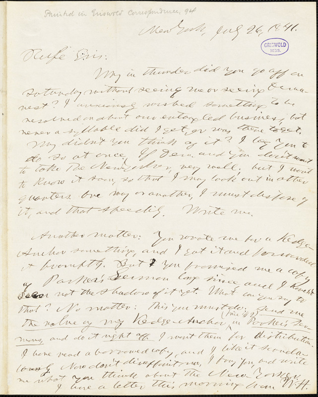 Horace Greeley, New York, autograph letter signed to R. W. Griswold, 26 July 1841