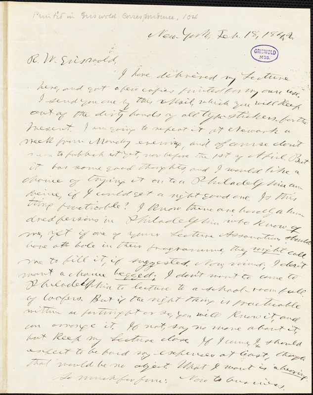 Horace Greeley, New York, autograph letter signed to R. W. Griswold, 18 February 1842