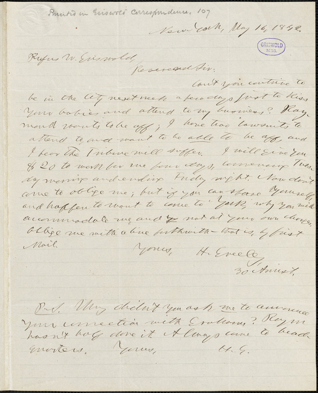 Horace Greeley, New York, autograph letter signed to R. W. Griswold, 16 May 1842