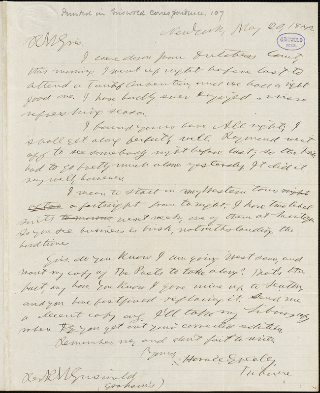 Horace Greeley, New York, autograph letter signed to R. W. Griswold, 20 May 1842