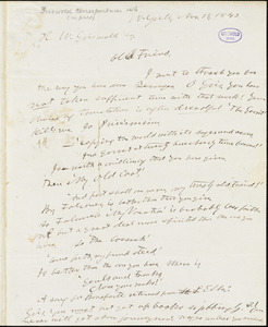 Horace Greeley, New York, autograph letter signed to R. W. Griswold, 13 November 1843
