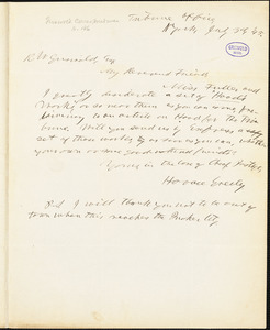 Horace Greeley, New York, autograph letter signed to R. W. Griswold, 3 July 1845