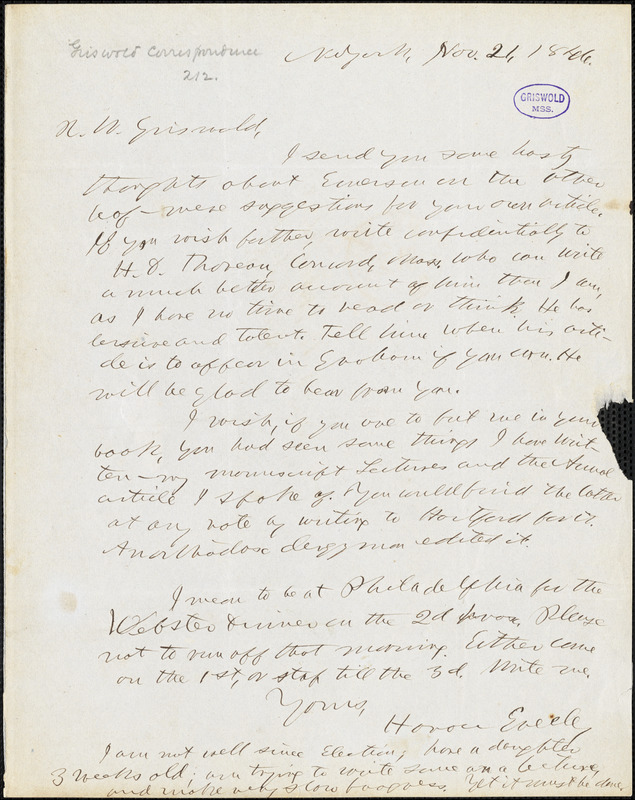 Horace Greeley, New York, autograph letter signed to R. W. Griswold, 21 November 1846