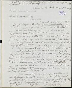 Horace Greeley, New York, autograph letter signed to R. W. Griswold, 1 March 1847