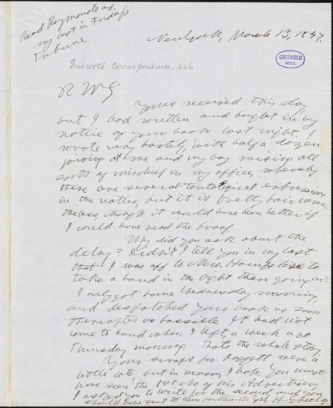 Horace Greeley, New York, autograph letter signed to R. W. Griswold, 13 March 1847