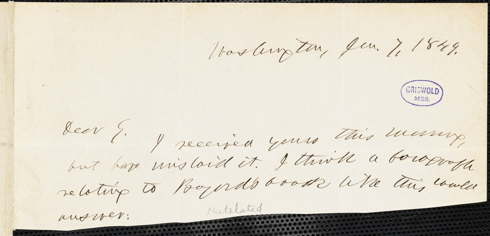 Horace Greeley, Washington, DC., autograph letter signed to R. W. Griswold, 7 January 1849