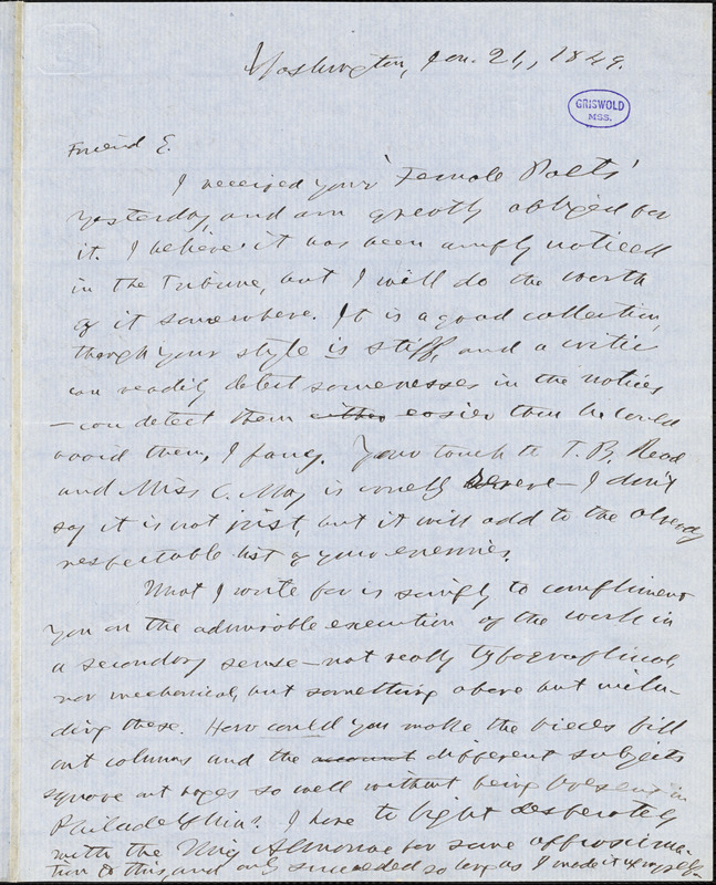 Horace Greeley, Washington, DC., autograph letter signed to R. W. Griswold, 21 January 1849