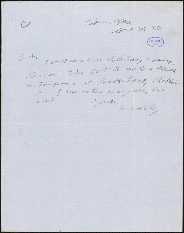 Horace Greeley, Tribune Office., autograph letter signed to R. W. Griswold, 30 October 1851