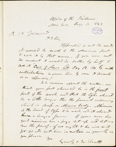 Greeley & McElrath, Office of the Tribune, autograph letter signed to R. W. Griswold, 11 August 1843