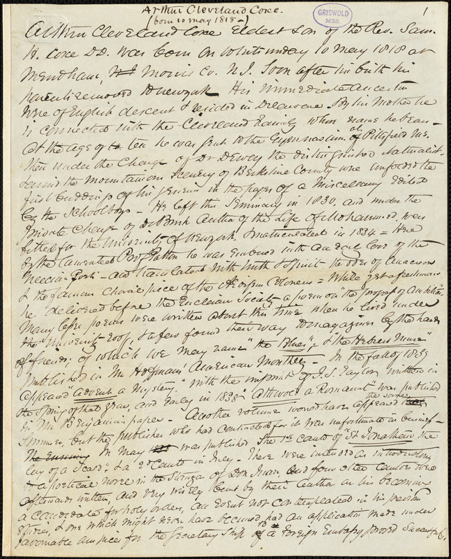 Rufus Wilmot Griswold, New York, manuscript draft, October 1841