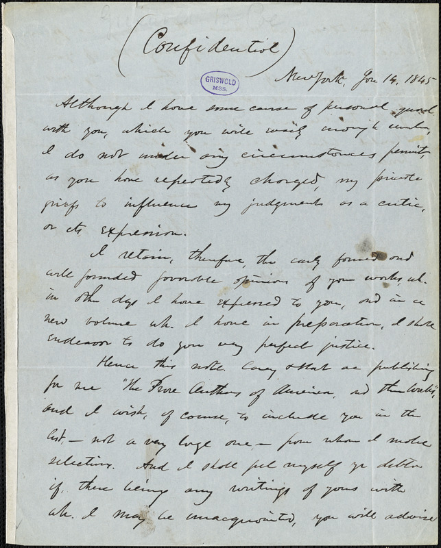 Rufus Wilmot Griswold, New York, autograph letter signed to Edgar Allan Poe, 14 January 1845