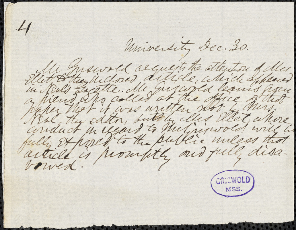 Rufus Wilmot Griswold, University., autograph letter signed to Elizabeth (Lummis) Ellet, 30 December [1848?]