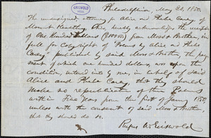 Rufus Wilmot Griswold, Philadelphia, PA., autograph letter signed to Moss & Brothers, 20 May 1850