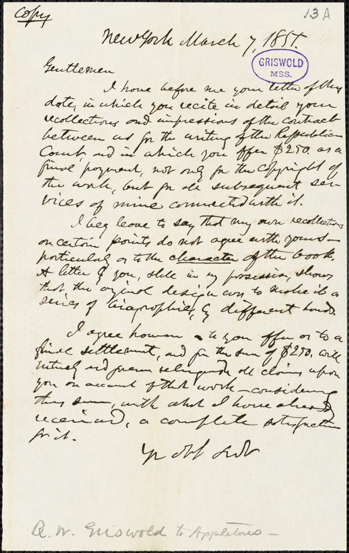 Rufus Wilmot Griswold, New York, autograph letter to D. Appleton & Co., 7 March 1855