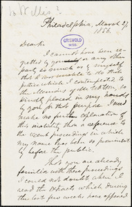 Rufus Wilmot Griswold, Philadelphia, PA., autograph letter to [Nathaniel Parker Willis?], 27 March 1856