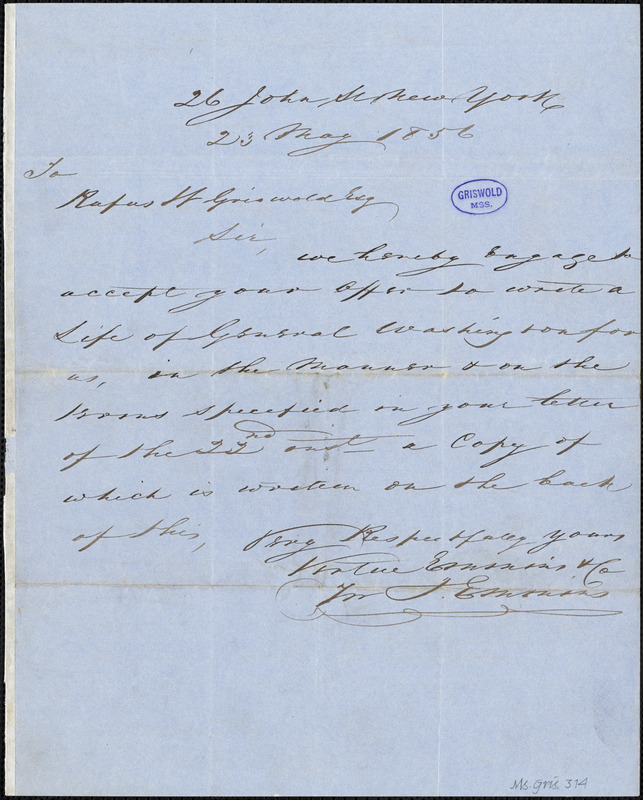 Rufus Wilmot Griswold, New York, autograph letter signed to Virtue Emmins & Co., 22 May 1856