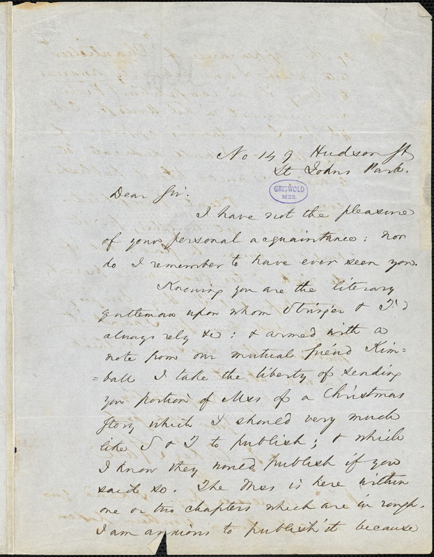Abraham Oakey Hall, St. Johns Park., autograph letter signed. to [R. W. Griswold?], [October - November 1850?]