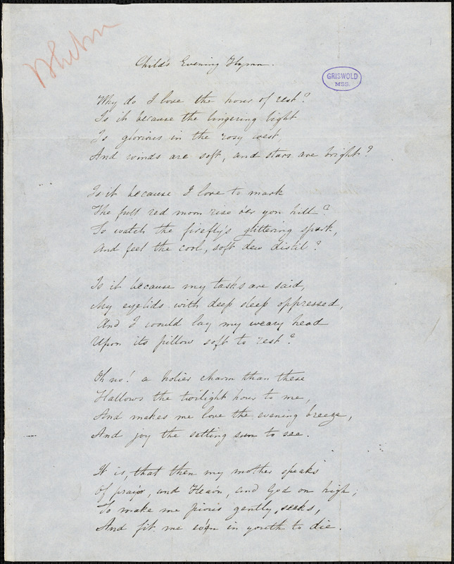 Louisa Jane (Park) Hall, Worcester, manuscript poem, 1838: "Child's Evening Hymn."