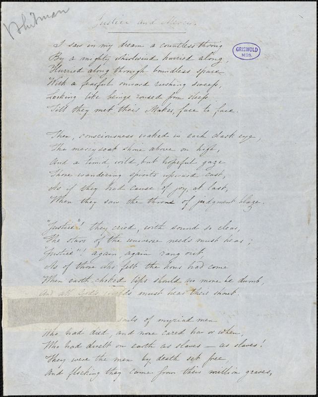 Louisa Jane (Park) Hall, Providence, manuscript poem, 1847: "Justice and Mercy."