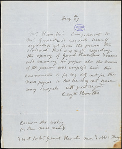 Elizabeth (Schuyler) Hamilton autograph letter signed to R. W. Griswold, 27 May [1846-7?]