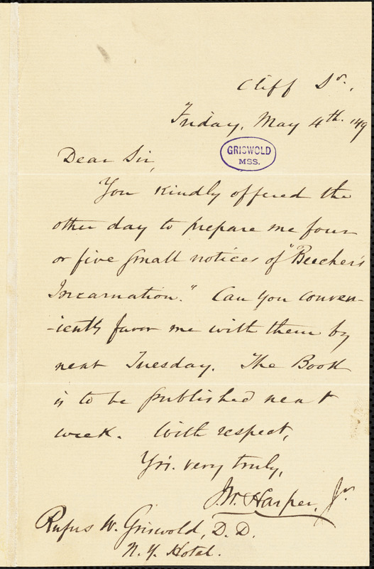 Joseph Wesley Harper Jr., Cliff St., autograph letter signed to R. W. Griswold, 4 May 1849