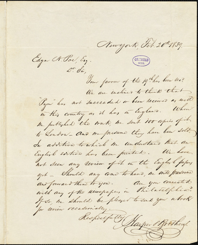 Harper and Brothers, New York, autograph letter signed to Edgar Allan Poe, 20 February 1839