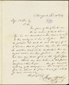 Harper and Brothers, New York, autograph letter signed to Edgar Allan Poe, 20 February 1839