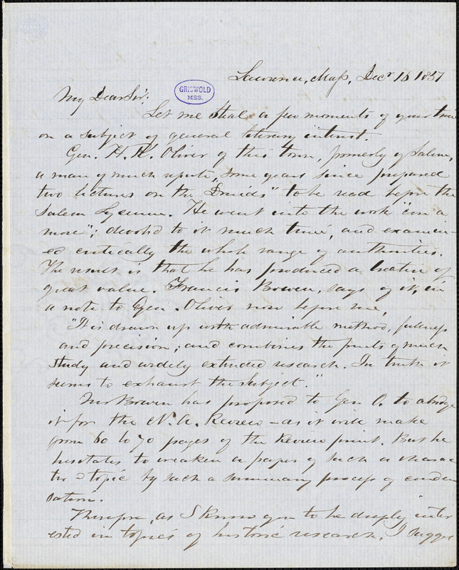 Henry F. Harrington, Lawrence, MA., autograph letter signed, 16 December 1851?