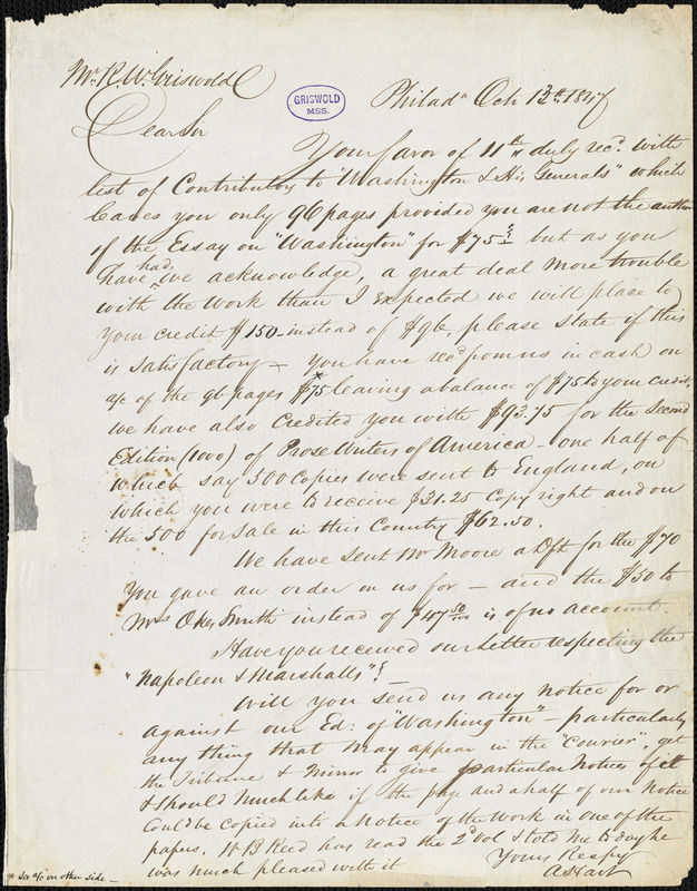 Abraham Hart, Philadelphia, PA., autograph letter signed to R. W. Griswold, 13 October 1847