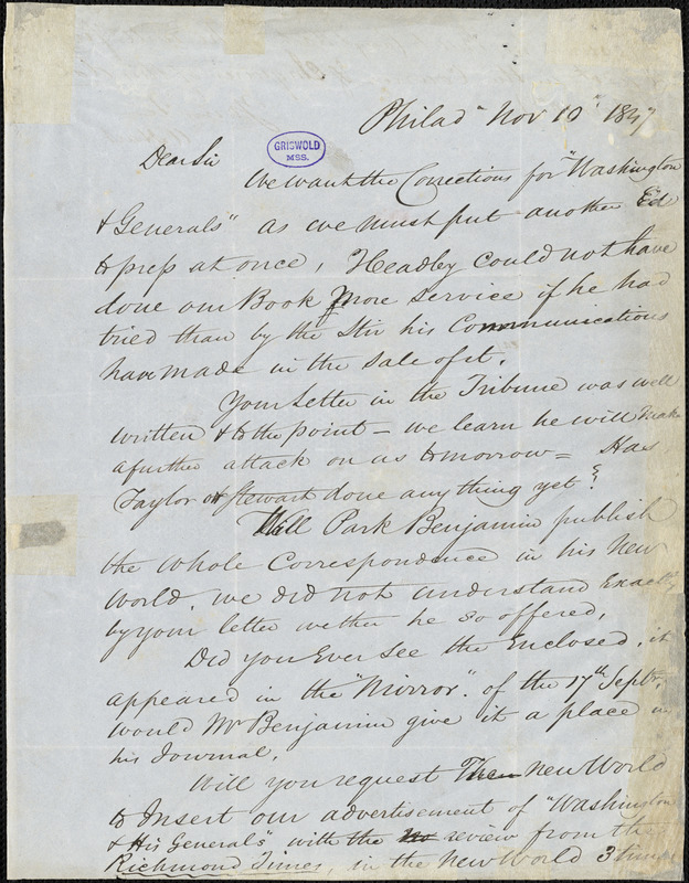 Abraham Hart, Philadelphia, PA., autograph letter signed to [R. W. Griswold], 10 November 1847