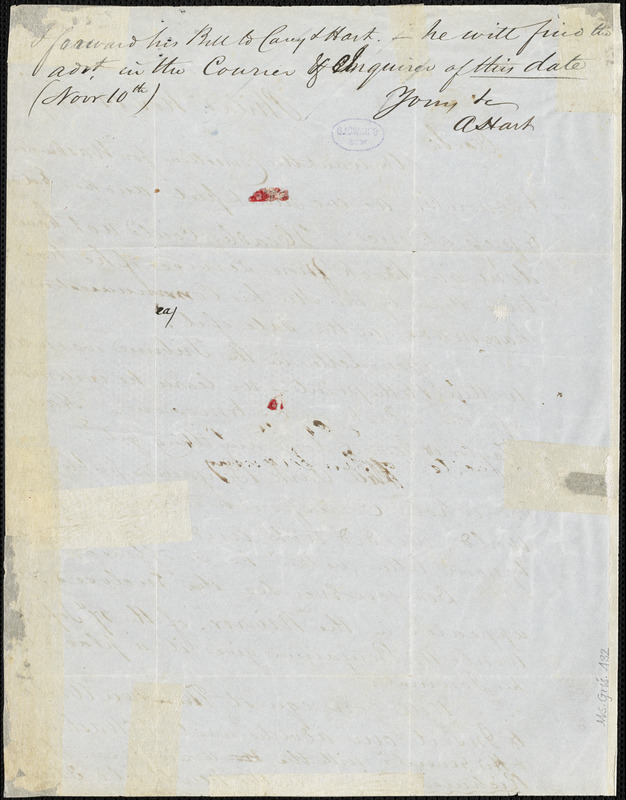 Abraham Hart, Philadelphia, PA., autograph letter signed to [R. W. Griswold], 10 November 1847