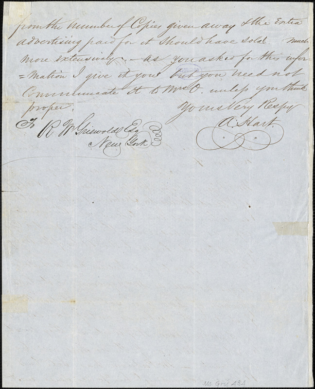 Abraham Hart, Philadelphia, PA., autograph letter signed to R. W. Griswold, 31 January 1850