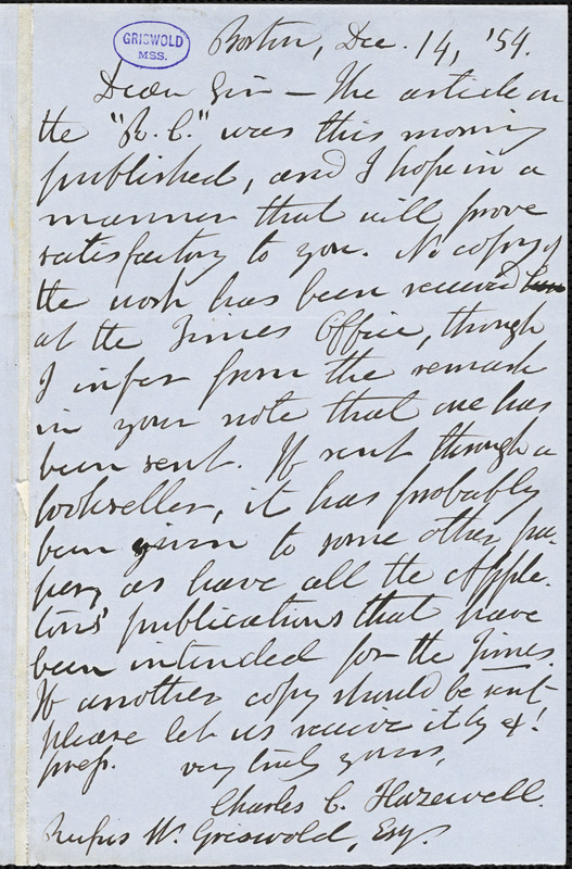 Charles C. Hazewell, Boston, MA., autograph letter signed to R. W. Griswold, 14 December 1854