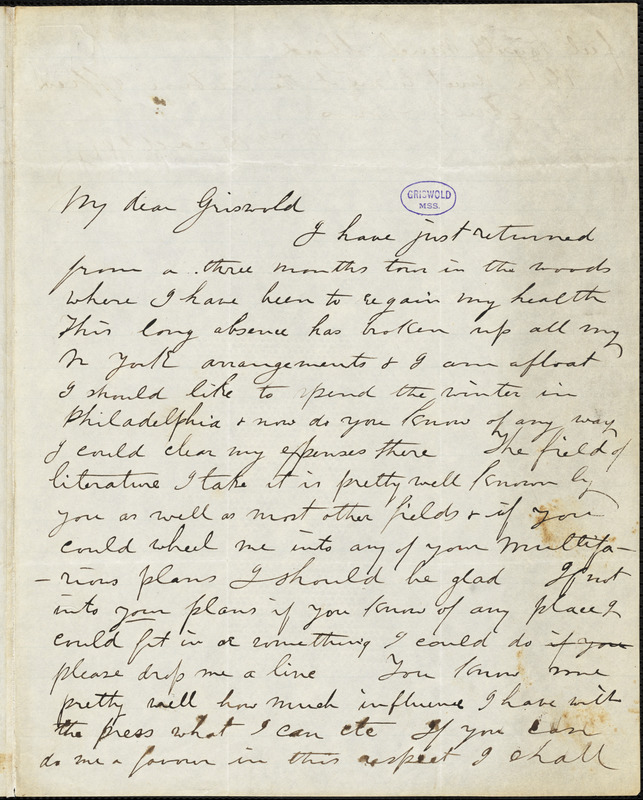 Joel Tyler Headley autograph letter signed to R. W. Griswold, [1847?]