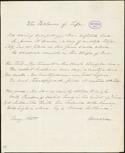 Hemera (pseudonym) manuscript poem, May 1850: "The Balance of Life."