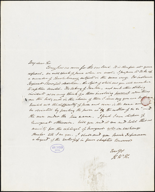 Henry William Herbert autograph letter signed to R. W. Griswold, [1842-43?]