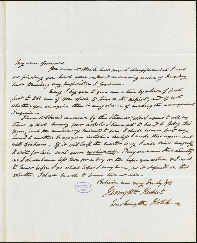 Henry William Herbert, Washington Hotel., autograph letter signed to R. W. Griswold, 21 January 1843