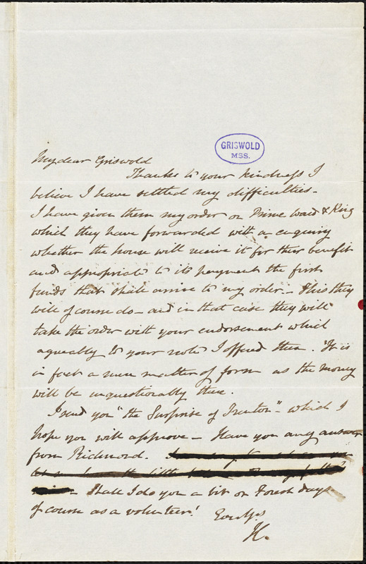 Henry William Herbert autograph letter signed to R. W. Griswold, [1843?]
