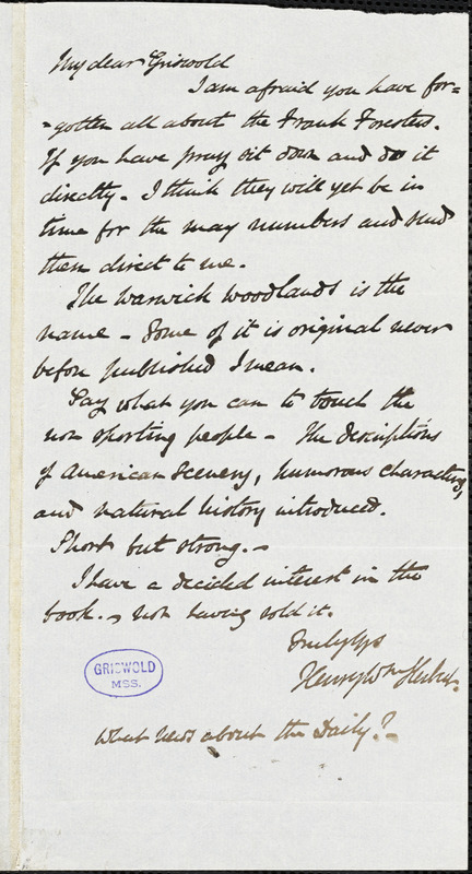 Henry William Herbert autograph letter signed to R. W. Griswold, [1845?]