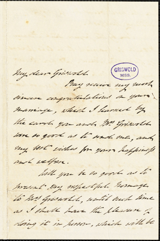 Henry William Herbert, The Cedars., autograph letter signed to R. W. Griswold, 14 January 1853